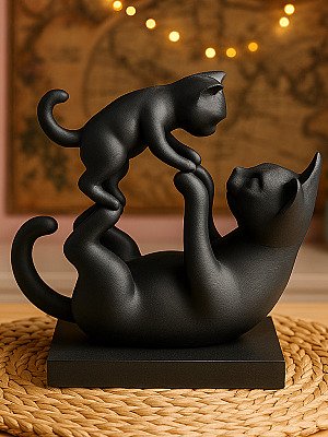 Скульптура Кошка с котенком, черный матовый 2