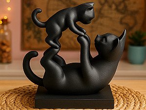 Скульптура Кошка с котенком, черный матовый 3